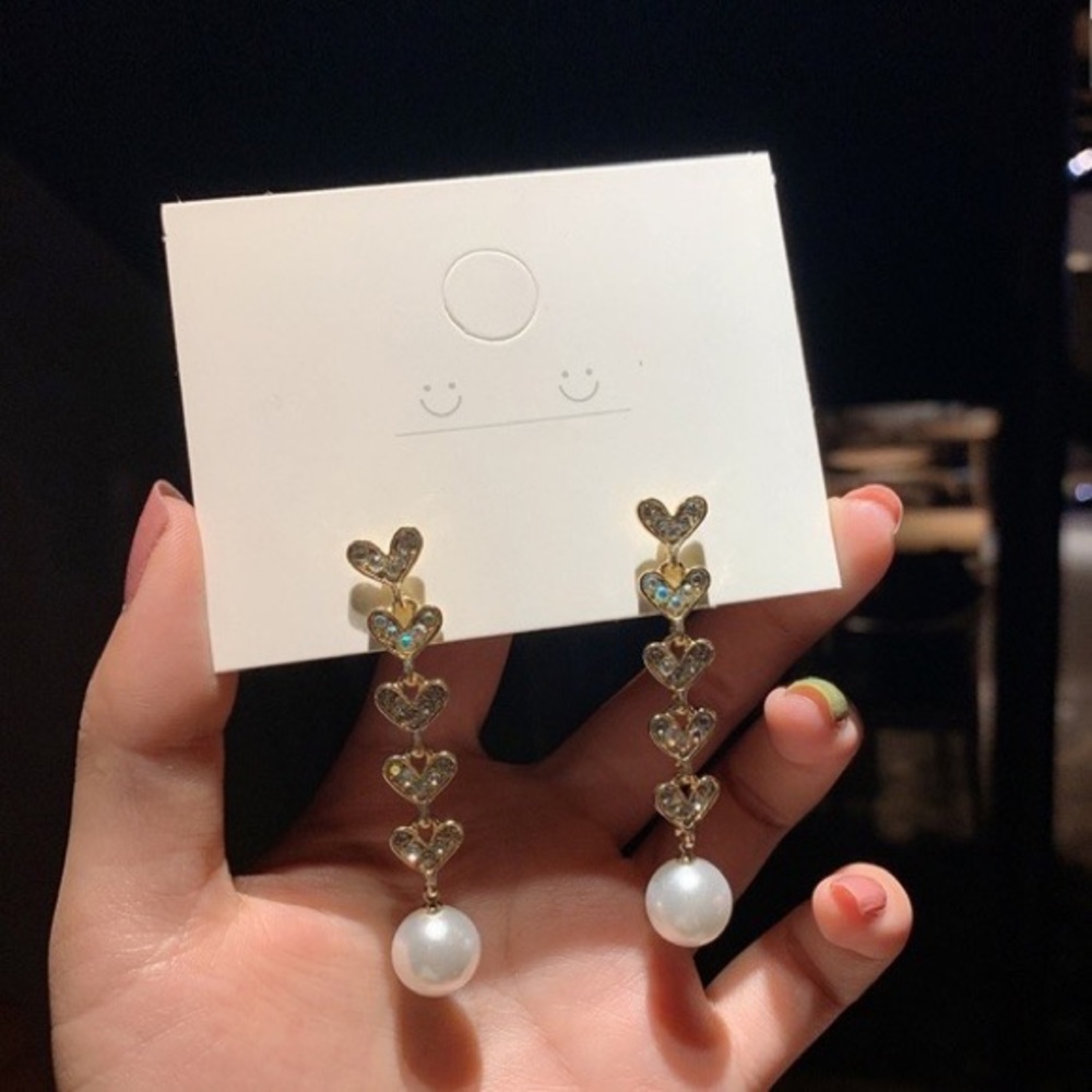 Gold Rhinestone and Pearl Heart Drop Earrings - Picture 3 of 5